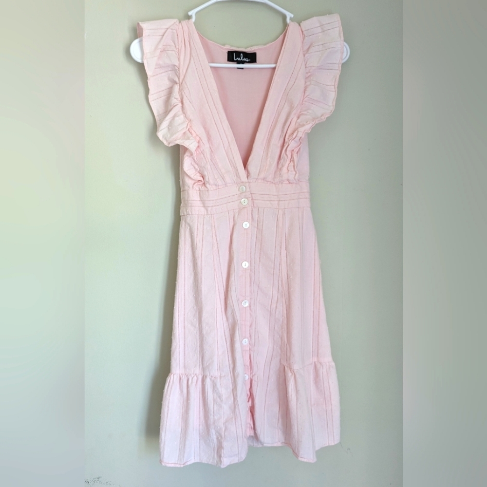 LULU'S Baby Pink Button Up V Neck Small Dress